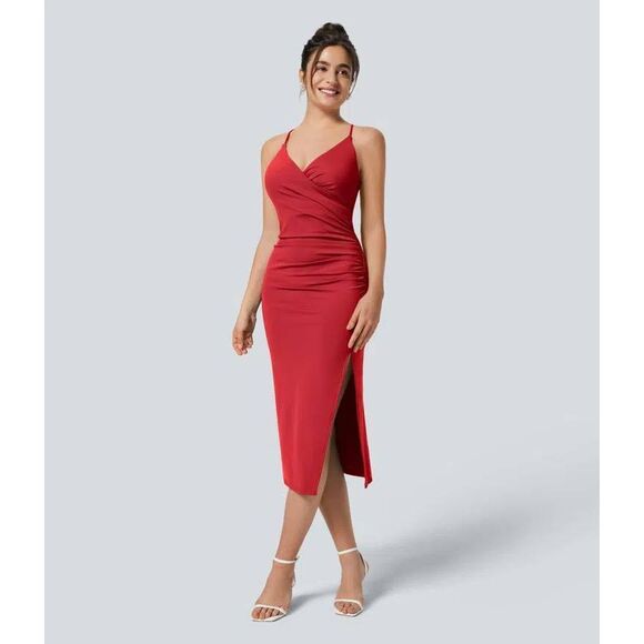 NWT HALARA SoftlyZero™ Airy Crossover Ruched Lace Up Bodycon Cool Touch Dress si - Picture 1 of 7